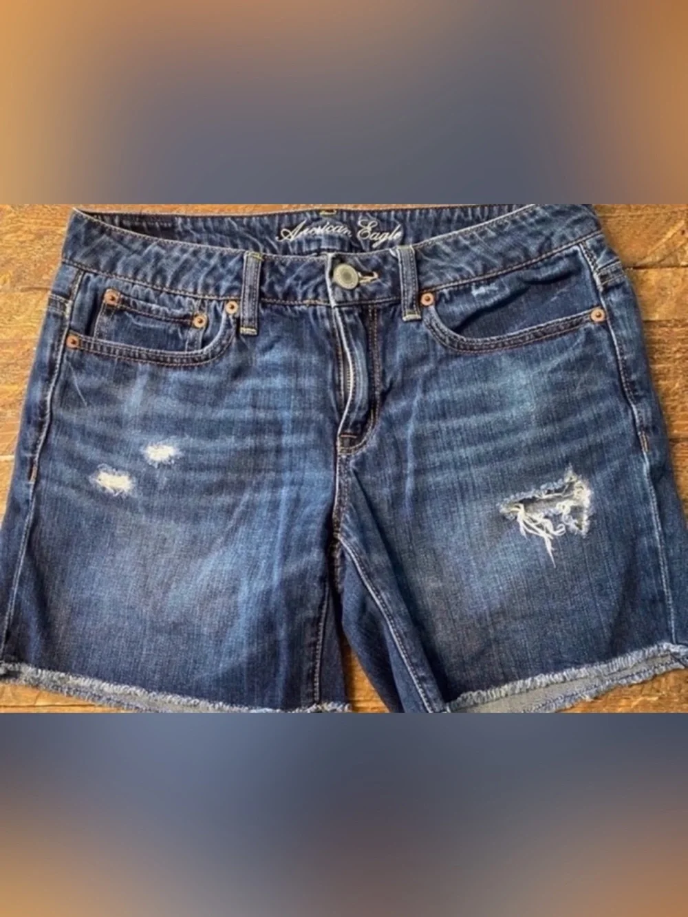 American Eagle Outfitters Women's Dark Blue Distressed Denim Shorts (Size 4)